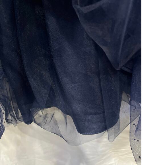 La Femme Sheer Fit & Flare Cocktail Dress Rhinestone Tulle Midnight Navy Blue - Picture 15 of 16